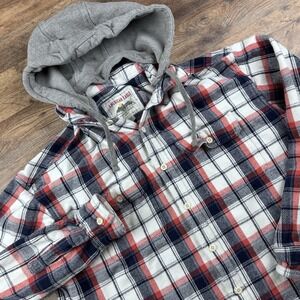 American Eagle Jacket Mens XL Red Plaid Trucker Button Shacket Western Farm